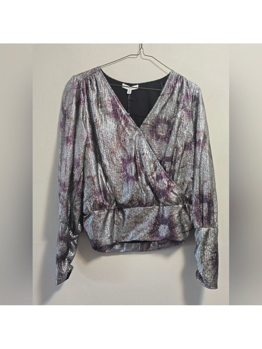 Maison D'amelie Metallic Silver Wrap Long Sleeve Blouse with Purple Accents Size